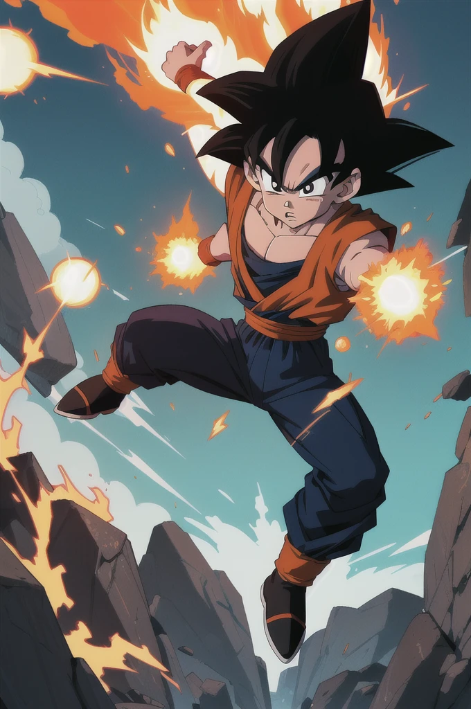 Manga style, illustration, line art style, high quality, manga masterpiece, highres, very detailed, digital illustration, small Kid Goku, Dragonball, black hair, spiked hair, real goku clothes orange color, black belt and black shoes, fire ball, Goku destroying Vegeta in a combat, dougi, solo male , outdoors,fighting,