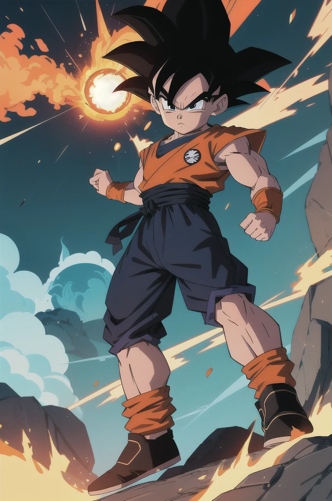 Manga style, illustration, line art style, high quality, manga masterpiece, highres, very detailed, digital illustration, small Kid Goku, Dragonball, black hair, spiked hair, real goku clothes orange color, black belt and black shoes, fire ball, Goku destroying Vegeta in a combat, dougi, solo male , outdoors,fighting,