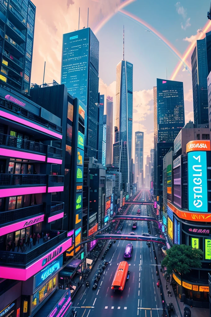 Create an image of a futuristic city with flying cars and skyscrapers in a neon style with a busy street market full of pedestrians, futuristic gadgets and devices and the police chasing a fugitive, against the backdrop of a rainbow and sunset in the sky.
