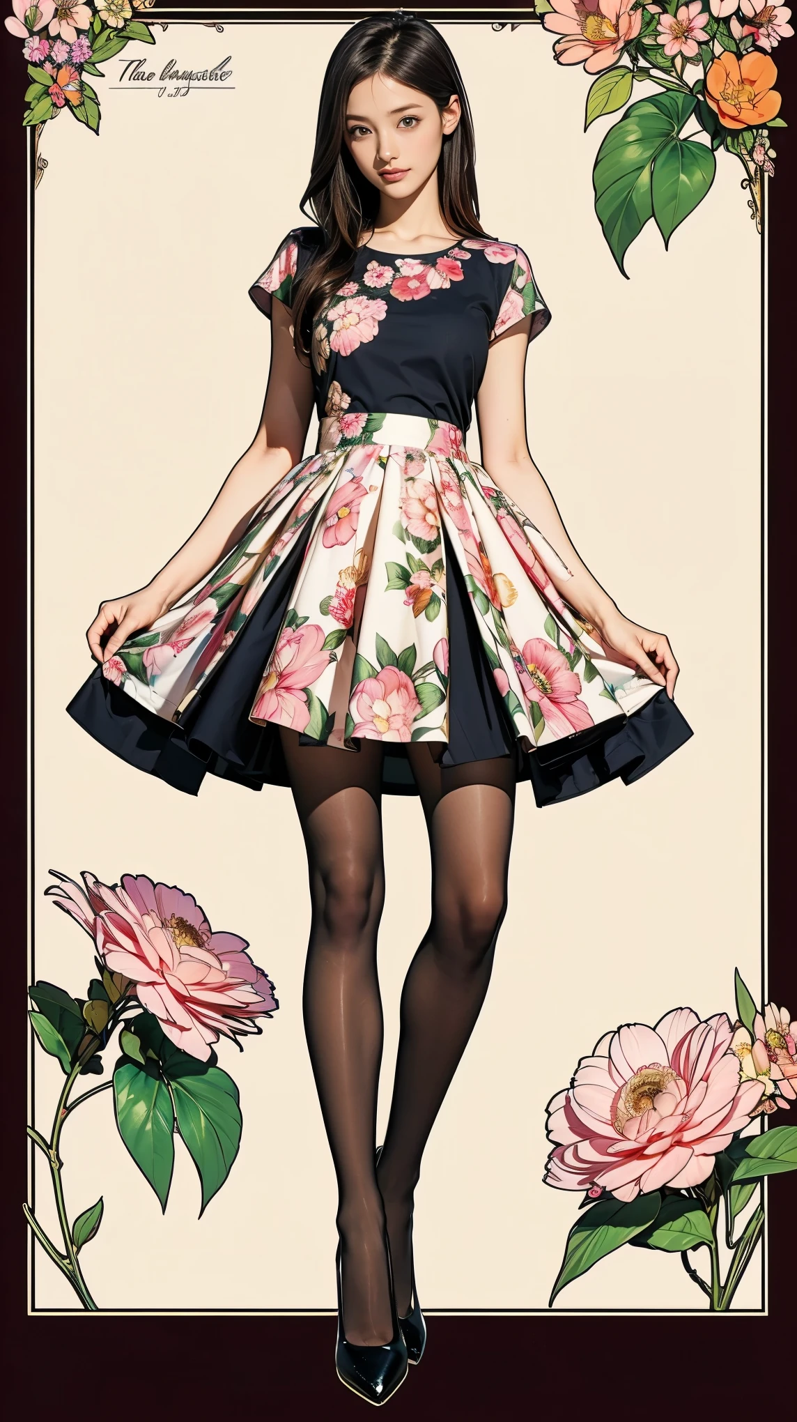 ((masterpiece)),(((Highest quality))),((Character design sheet)),Thin thighs,Long legs,whole body:1.5，(One Girl:1.3),(Black pantyhose and thick pointy heels：1.3),(Wearing a floral and plant patterned mini skirt dress:1.2),Short blonde:1.2、Model pose，Floral and botanical background:1.5，