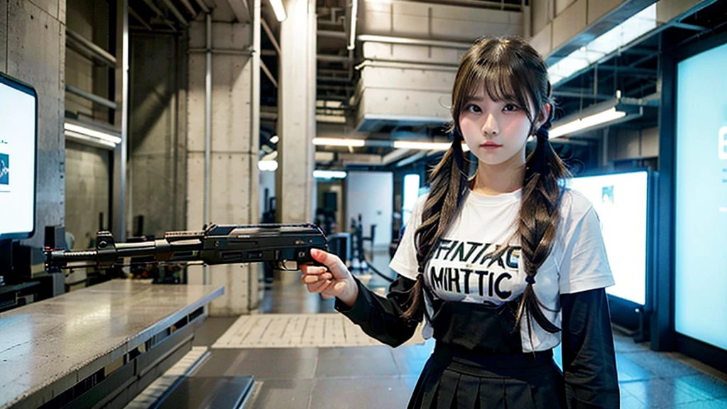 Top quality, 1 beautiful woman, ((Twintails)), wearing T-shirt, mini skirt, holding_gun, ak-47, 50mm lens, f/1, Moody Lighting, (at Futuristic city:1.5)