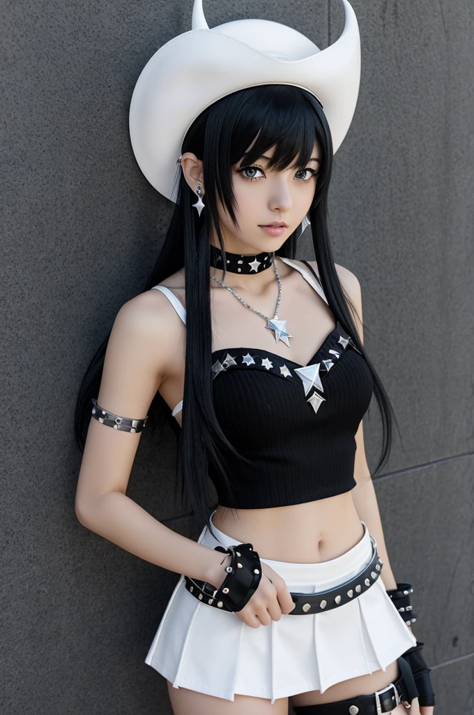 anime female character, White skin, slim, Layered black hair with bangs , white triple star earrings, black cowboy hat studded with silver white star, black horns, black y2k star necklace, black choker with emo skull spikes,black y2k belt skirt with pleated stars, star y2k black tube top,y2k black high boots,full body silver black emo bracelets shimakaze kancolle