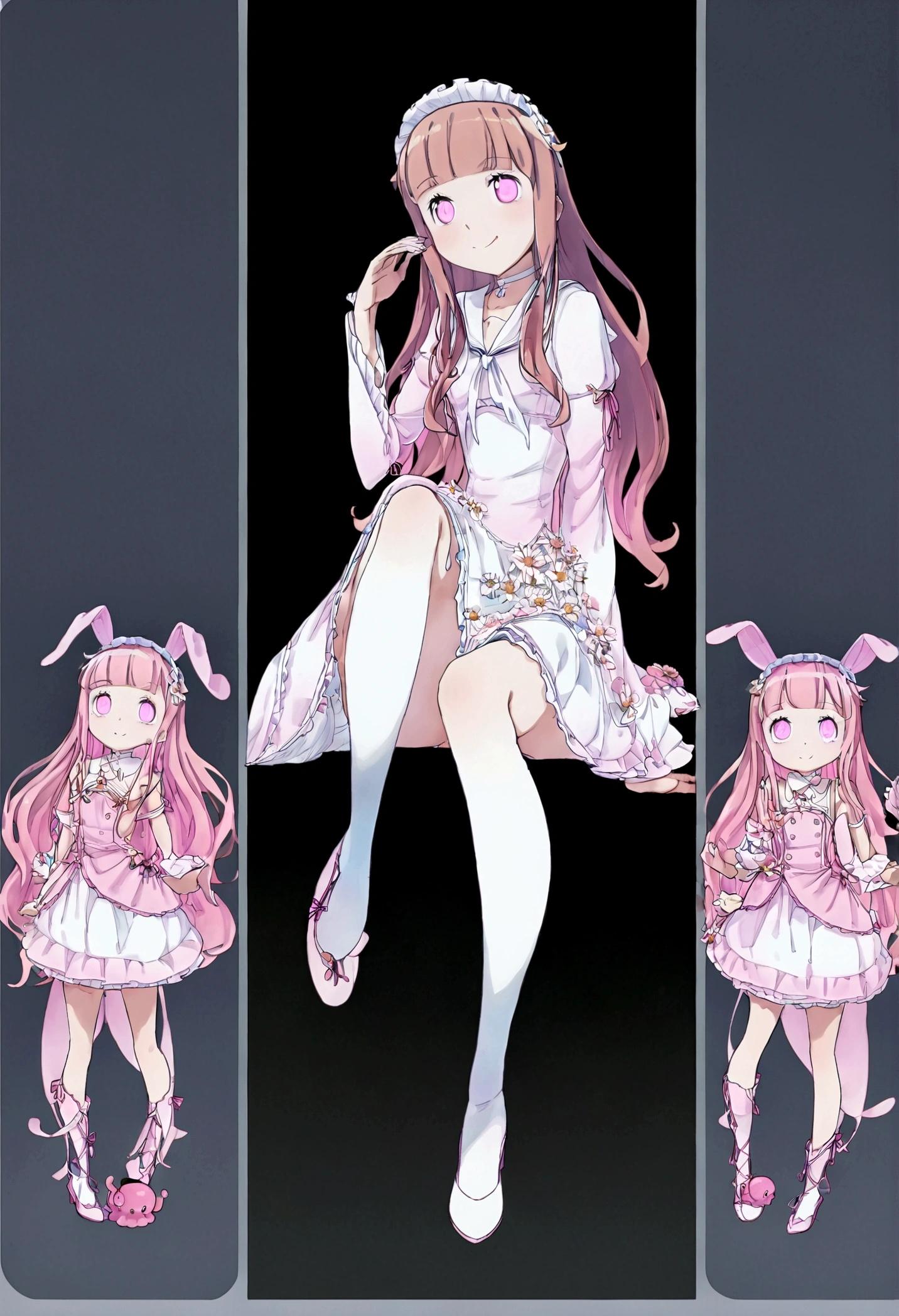 
1girl, blunt bangs, long pink wavy hair, (pink squinted eyes:1.5), white beautiful Coneflower, pink laces on it, pink hair, {[soft coulors:1.5]}, white Lolita dress with pink grind and pink laces on it, ((black background)), smile, pink Neck octopus, white chocker, white sailor tie with pink stripes, pink loops on the lolita dress, hair white glowing bunnys flying around, beautiful pose, white high thighs, white boots with pink laces, sitting, butterflies around, pink cherry blossoms around, black background, tarot, art nouveau, starlight, star
