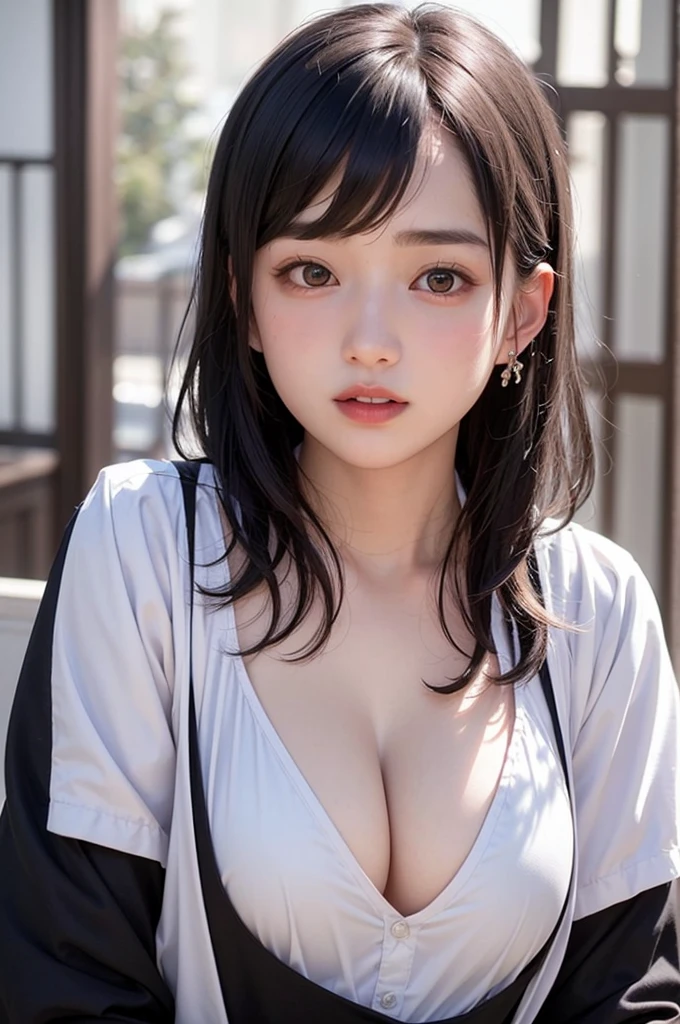 (1 nogizaka girl,15years old face,raw photo,photo realistic:1.5),(best quality, high quality,HDR, highest quality,ultra high resolution,high resolution,high res,ultra high difinition,huge file size,8K,2K wallpaper,8K wallpaper,high quality texture,amazing,an extremely delicate:1.4),one girl, Japanese famous idol,cute face,small face,absurd,ridiculous,incredibly ridiculous,blurry background,(maid uniform,short hair,cleavage,no makeup:1.2),medium skin,beautiful skin,detailed skin,black hair,silky hair,black eyes,Japanese nose,5-fingers,(Light Particles, Lens Flare, Luminous Particles: 0.7),looking at viewer,bright lighting,professional lighting,girl