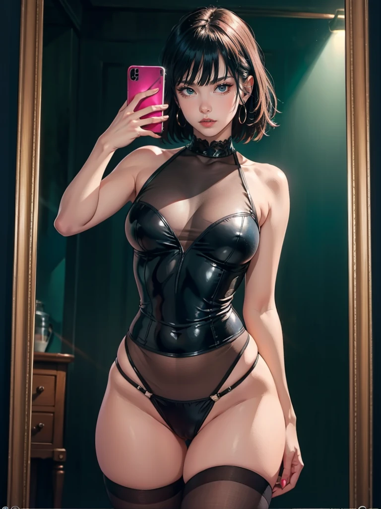 Hyper realistic super detailed sexy fubuki, Very detailed, expressions faciales sexy, seductive facial expressions, [:(Face detail: 1.4): 0.4], 16K resolution, 4k resolution, dinamic lighting, High definition resolution, (hyper realistic: 1.4),(contrasting background: 1.5), hyperrealistic arm), (Hyperrealistic legs), (peau propre), (lighting cinematic: 1.7), (intime), (Technologie NVIDIA RTX Ray Tracing),  hyperrealistic arm: 2), (Ventre plat parfait), (image couleur),fubuki, long hair, large breasts, mirror, room, selfie, holding cellphone, brown pantyhose, pantyhose, thighs, tight cameltoe, see through pantyhose, looking at viewer , masterpiece, best quality, highly detailed, desire, blush, perfect hands, blush, shy, tight gap, skindentation, mirror, room, selfie, holding cellphone.cute pose, half naked, deep cameltoe 