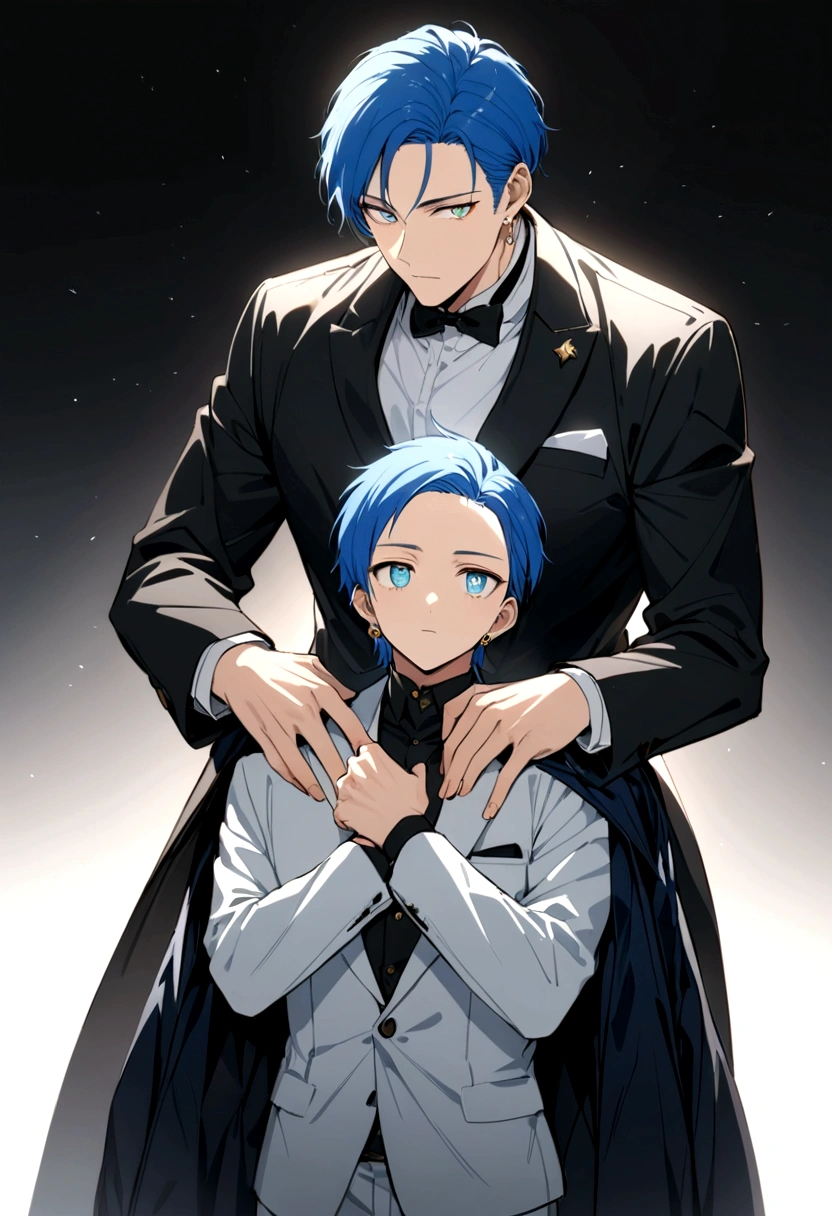 male、masterpiece、Handsome、uncle、The forehead is visible、30 years old、Blue Hair、Long earrings、Worn suit、Jacket、Give bangs、Showing his forehead、Handsome、Intricately drawn eyes、good looking、Plain white background、Starry Ski、White background、whole body、Open your arms
