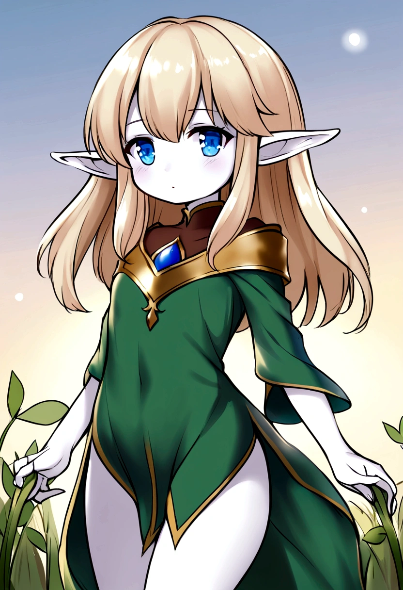 Young elven woman, long brown hair, pale skin, blue eyes, short clothes, short, dark fantasy, long ears, friendy, roughly drawn
