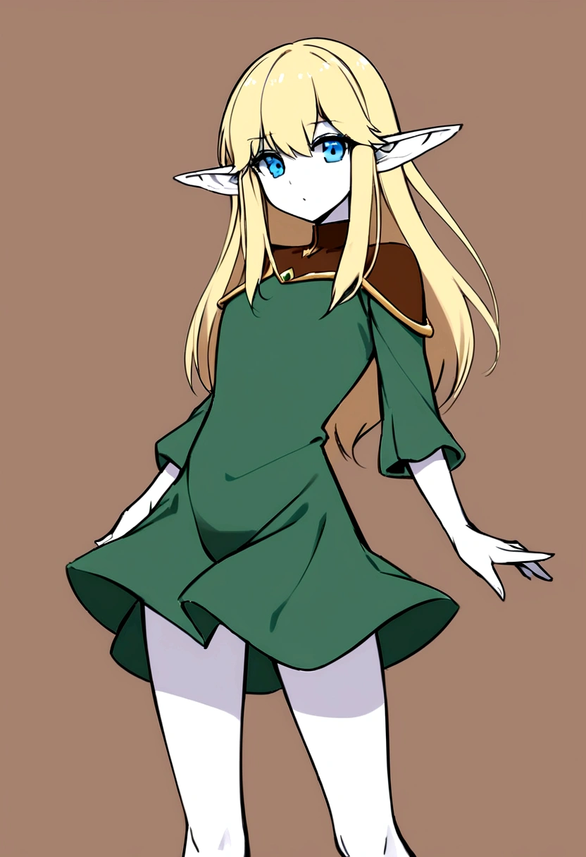 Young elven woman, long brown hair, pale skin, blue eyes, short clothes, short, dark fantasy, long ears, friendy, roughly drawn