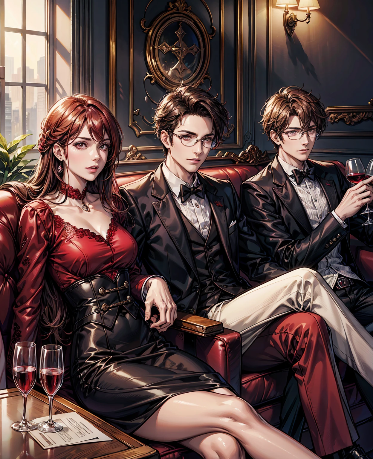 three people sitting on a couch with wine glasses in their hands, wearing red formal attire, everyone having fun, looking partly to the left, handsome man, 4074294527, attractive man, 2995599206, candid shot, looking seductive, flirting, 2717433015