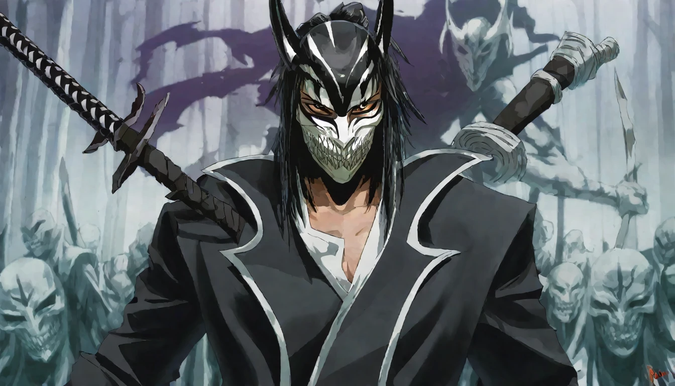 demon mask, sword on the hand,close up, black heavy detailed clothes, hand katana, art, dark and malevolent, hand sword, armor, powerful and intimidating, (masterpiece, best quality, ultra-detailed, best shadow), (detailed background, dark fantasy) dramatic light, intricate details, dark and malevolent, powerful and intimidating, Dark and foreboding, malevolent force, sinister and chilling, armor, high detailed background, girl in demon slayer art, demon slayer art style, epic anime art, God death