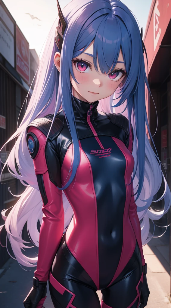 young girl, long blue hair, red eyes, ssmile, opened mouth, Pink Plug Suit, Masterpiece, hiquality