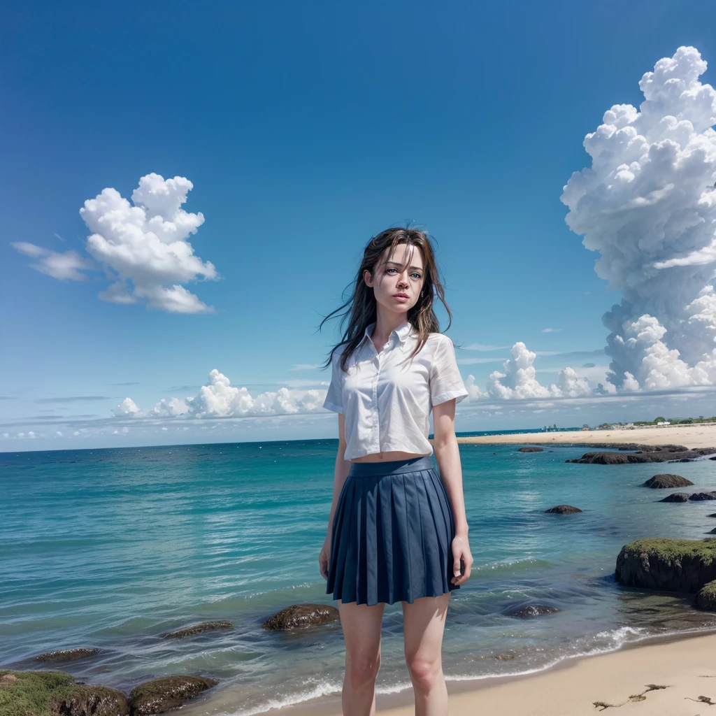 1 girl,standing alone,blue sky, ocean, skirt short, (very detailed background:1.0), (highly detailed background:1.0),