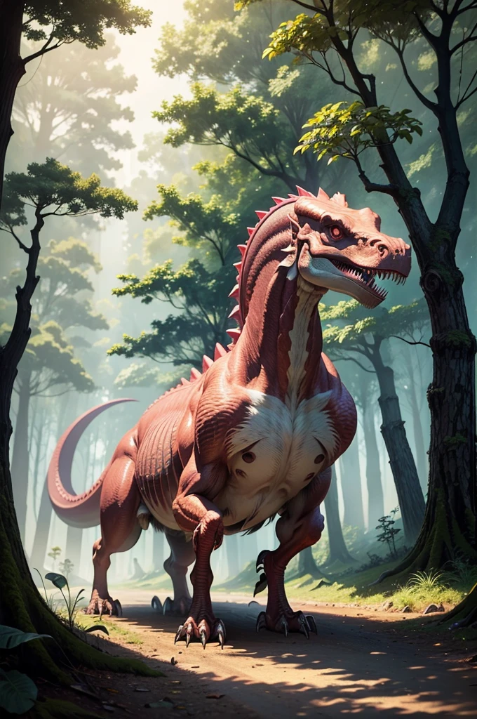 (((best quality))), (((ultra detailed))), (((masterpiece))), illustration, A pink Tyrannosaurus Rex strolling in the forest,tyrannosaurus rex, pink, morning glow, big eyes, sharp teeth, powerful, alert, intelligent, large head, long neck, trees, branches, leaves, small animals, safe shelter, leisurely stroll, king of the world, unique visual enjoyment, tribute to biodiversity, constantly changing species, Earth's beauty, diversity of life, eternal charm, value of life