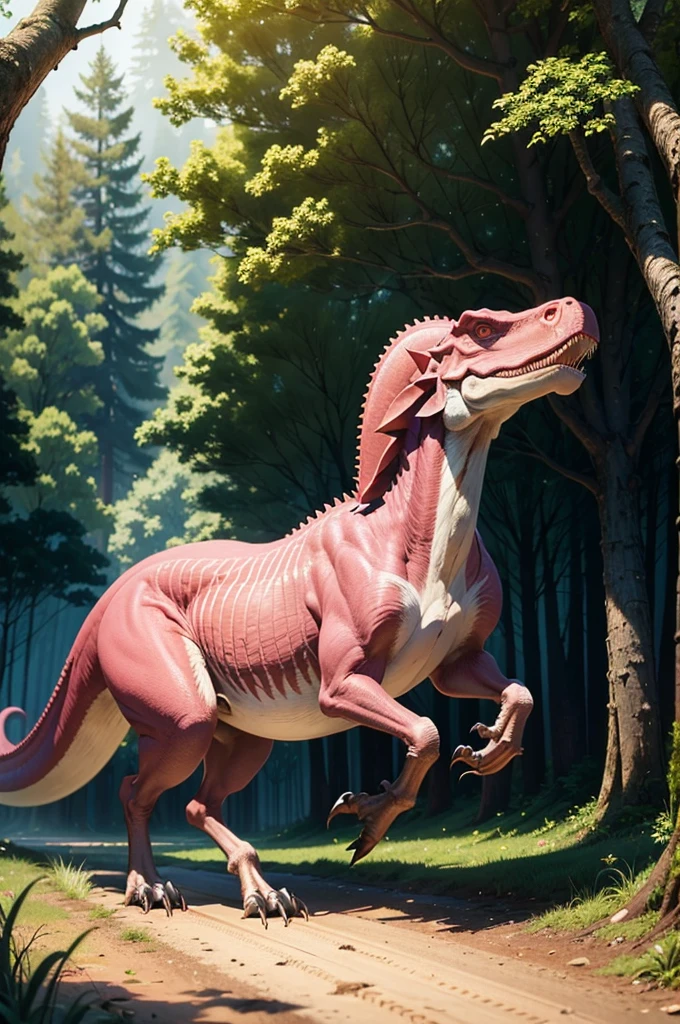 (((best quality))), (((ultra detailed))), (((masterpiece))), illustration, A pink Tyrannosaurus Rex strolling in the forest,tyrannosaurus rex, pink, morning glow, big eyes, sharp teeth, powerful, alert, intelligent, large head, long neck, trees, branches, leaves, small animals, safe shelter, leisurely stroll, king of the world, unique visual enjoyment, tribute to biodiversity, constantly changing species, Earth's beauty, diversity of life, eternal charm, value of life