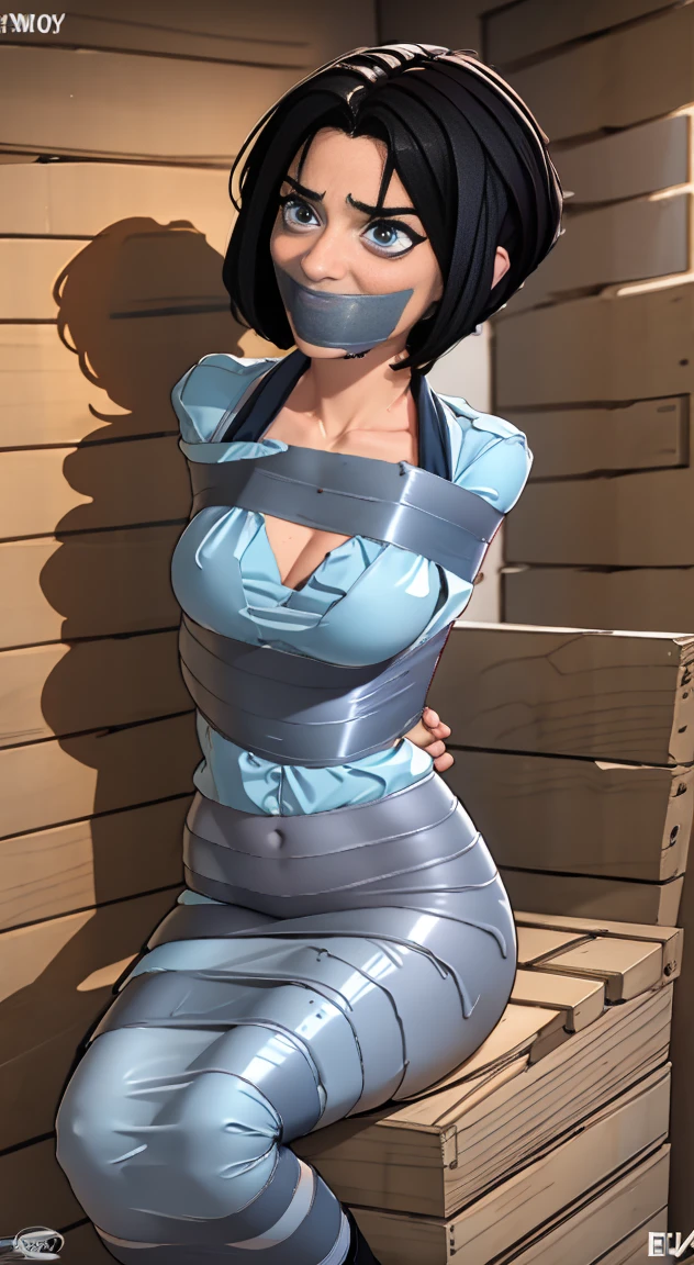 Highest quality, masterpiece, high resolution, 8k, cinematic lighting, sharp resolution, medium shot, 1 woman with chin length hair, short hair, dark bob cut, thick hair, center part, undercut nape, stacked bob, voluminous hair, luxurious hair, in her 30s, purple blouse, knee length, skirt, dark stockings, and calf boots, baggy blouse, wrinkled clothing, detailed face, looking at viewer, focus on face, photo realistic, character, video game cut scene, smooth, anime, detailed face, perfect skin, beautiful, Insanely detailed, close up, taped mouth, ((tape gag): 1.4), gag, ((gagged)), (((arms bound behind back))), elbows taped, wrists taped, desperate struggle, thrashing, arched back, in vehicle, in car seat, being taken away, driven away, abducted, frightened, pleading eyes, desperate escape attempt, stalker, , true crime, peril, impending