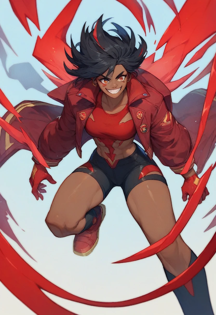 (spawns a tall adult woman with long black hair and red irises, futuristic black clothing using a dark toned jacket, a somewhat deranged smile with an aura of red power and a lunar atmosphere, Epic