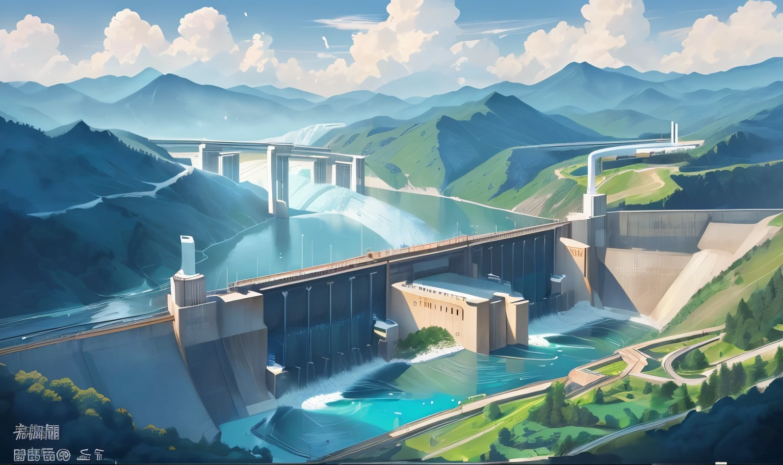 Draw a picture of the gate of a hydroelectric power station，The shape of the hydropower station should show part of it，The number of gates is reduced to a maximum of 3，The gate should be facing forward.。Floodgates of a hydropower station，Gate as the focus，The maximum number of gates is 3，