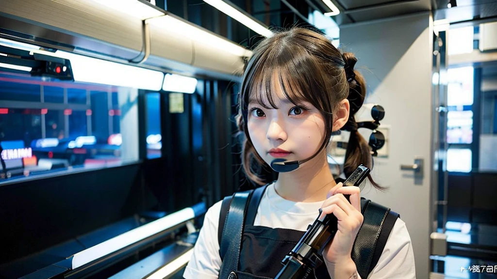 Top quality, 1 beautiful woman, ((Twintails)), wearing T-shirt, mini skirt, holding_gun, ak-47, 50mm lens, f/1, Moody Lighting, (at Futuristic city:1.5)