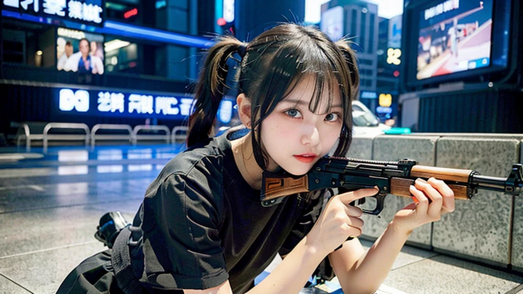 Top quality, 1 beautiful woman, ((Twintails)), wearing T-shirt, mini skirt, holding_gun, ak-47, 50mm lens, f/1, Moody Lighting, (at Futuristic city:1.5)