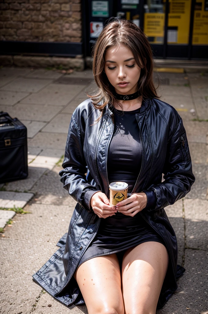 Beautiful 25 year old girl, (wearing oversized navy blue silk_blower_jaket:1.3), Lie down on the grass, Aerial camera, sharp focus, bonitas,fat legs, skinny,professional lighting,citys, eyelines,gold collar,Eyes Rendered,body high,adult  woman,hair ornament,Most viewed Instagram,offical wallpaper, offcial art,(kpop idol), mini-skirt, half-closed eyes,building,((photorealistic painting art by midjourney and greg rutkowski)),((Supermodel)), leggings de coxa, (tight short top)