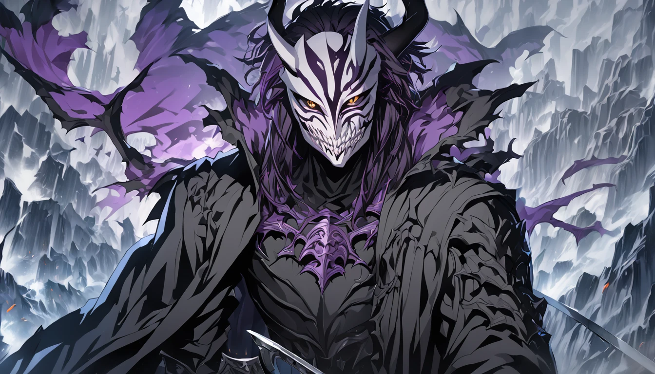 demon mask, sword on the hand,close up, black heavy detailed clothes, hand katana, art, dark and malevolent, hand sword, armor, powerful and intimidating, (masterpiece, best quality, ultra-detailed, best shadow), (detailed background, dark fantasy) dramatic light, intricate details, dark and malevolent, powerful and intimidating, Dark and foreboding, malevolent force, sinister and chilling, armor, high detailed background, girl in demon slayer art, demon slayer art style, epic anime art, God death