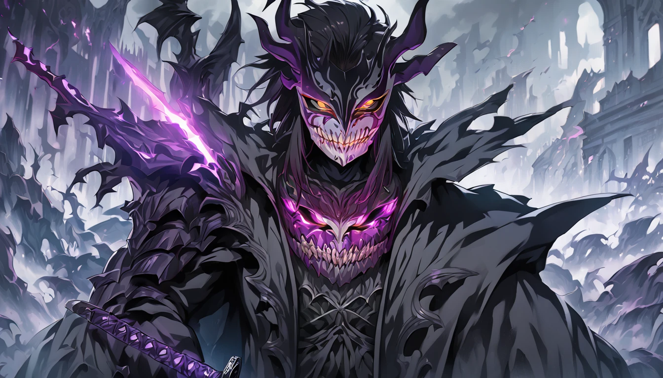 demon mask, sword on the hand,close up, black heavy detailed clothes, hand katana, art, dark and malevolent, hand sword, armor, powerful and intimidating, (masterpiece, best quality, ultra-detailed, best shadow), (detailed background, dark fantasy) dramatic light, intricate details, dark and malevolent, powerful and intimidating, Dark and foreboding, malevolent force, sinister and chilling, armor, high detailed background, girl in demon slayer art, demon slayer art style, epic anime art, God death