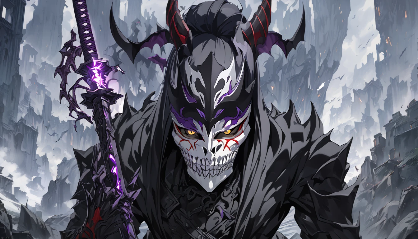 demon mask, sword on the hand,close up, black heavy detailed clothes, hand katana, art, dark and malevolent, hand sword, armor, powerful and intimidating, (masterpiece, best quality, ultra-detailed, best shadow), (detailed background, dark fantasy) dramatic light, intricate details, dark and malevolent, powerful and intimidating, Dark and foreboding, malevolent force, sinister and chilling, armor, high detailed background, girl in demon slayer art, demon slayer art style, epic anime art, God death