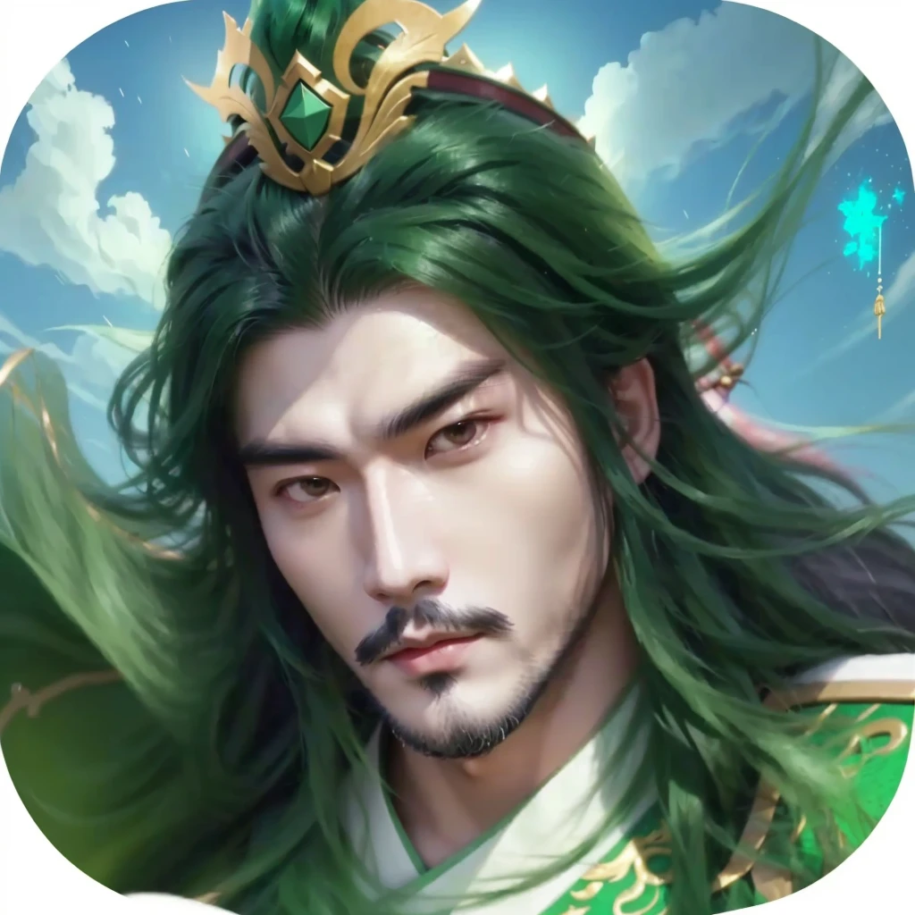 A man with green hair、Close-up of man wearing crown, guan yu, heise jinyao, Inspired by Huang Shen, xianxia hero, bian lian, zhao yun, Avatar pictures, Inspired by Guillaume, inspired by Guan Daosheng, inspired by Du Jin, Inspired by Shen Zhou, nanquan