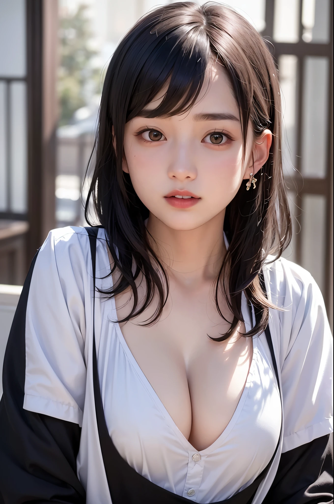 (1 nogizaka girl,15years old face,raw photo,photo realistic:1.5),(best quality, high quality,HDR, highest quality,ultra high resolution,high resolution,high res,ultra high difinition,huge file size,8K,2K wallpaper,8K wallpaper,high quality texture,amazing,an extremely delicate:1.4),one girl, Japanese famous idol,cute face,small face,absurd,ridiculous,incredibly ridiculous,blurry background,(maid uniform,short hair,cleavage,no makeup:1.2),medium skin,beautiful skin,detailed skin,black hair,silky hair,black eyes,Japanese nose,5-fingers,(Light Particles, Lens Flare, Luminous Particles: 0.7),looking at viewer,bright lighting,professional lighting,girl