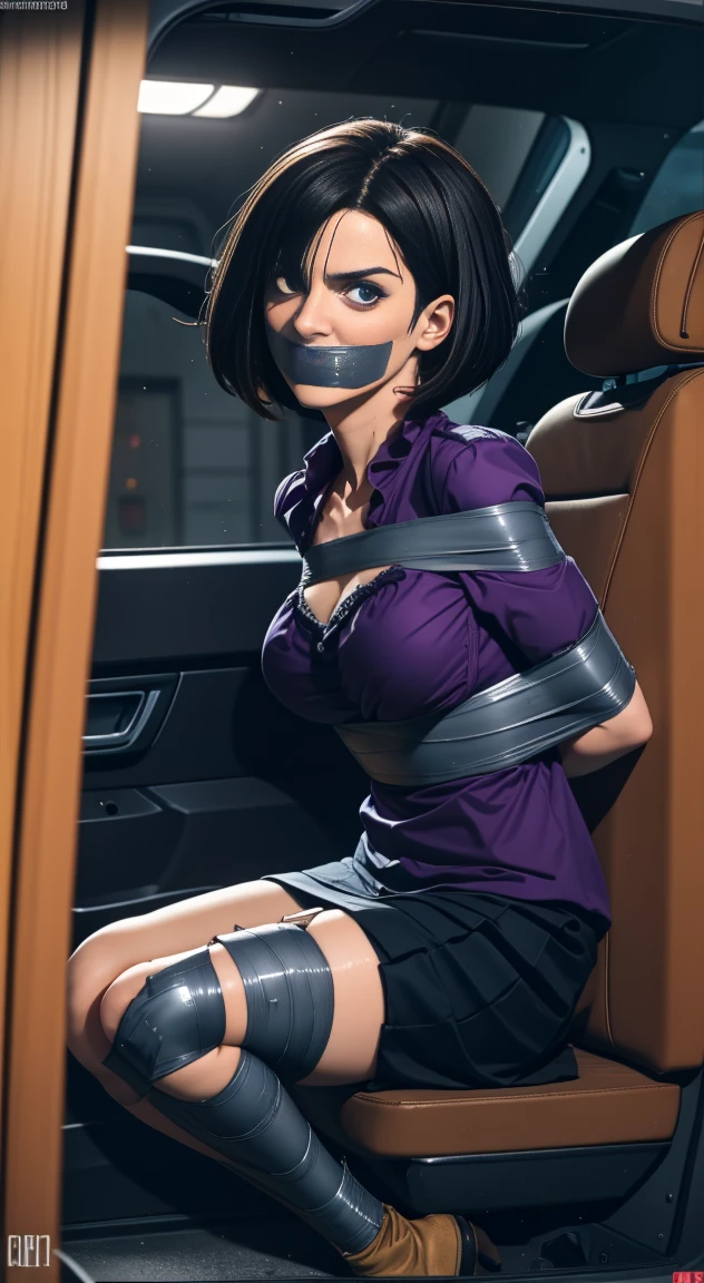 Highest quality, masterpiece, high resolution, 8k, cinematic lighting, sharp resolution, ((from side)), medium shot, 1 woman with chin length hair, short hair, dark bob cut, thick hair, center part, undercut nape, stacked bob, voluminous hair, luxurious hair, in her 30s, purple blouse, knee length, skirt, dark stockings, and calf boots, baggy blouse, wrinkled clothing, detailed face, looking at viewer, focus on face, photo realistic, character, video game cut scene, smooth, anime, detailed face, perfect skin, beautiful, Insanely detailed, close up, duct tape gag, ((tape gag: 1.4)), gag, ((gagged)), (((arms bound behind back))), elbows taped, wrists taped, desperate struggle, thrashing, arched back, in vehicle, in car seat, being taken away, driven away, abducted, frightened, pleading eyes, desperate escape attempt, stalker, , true crime, peril, impending