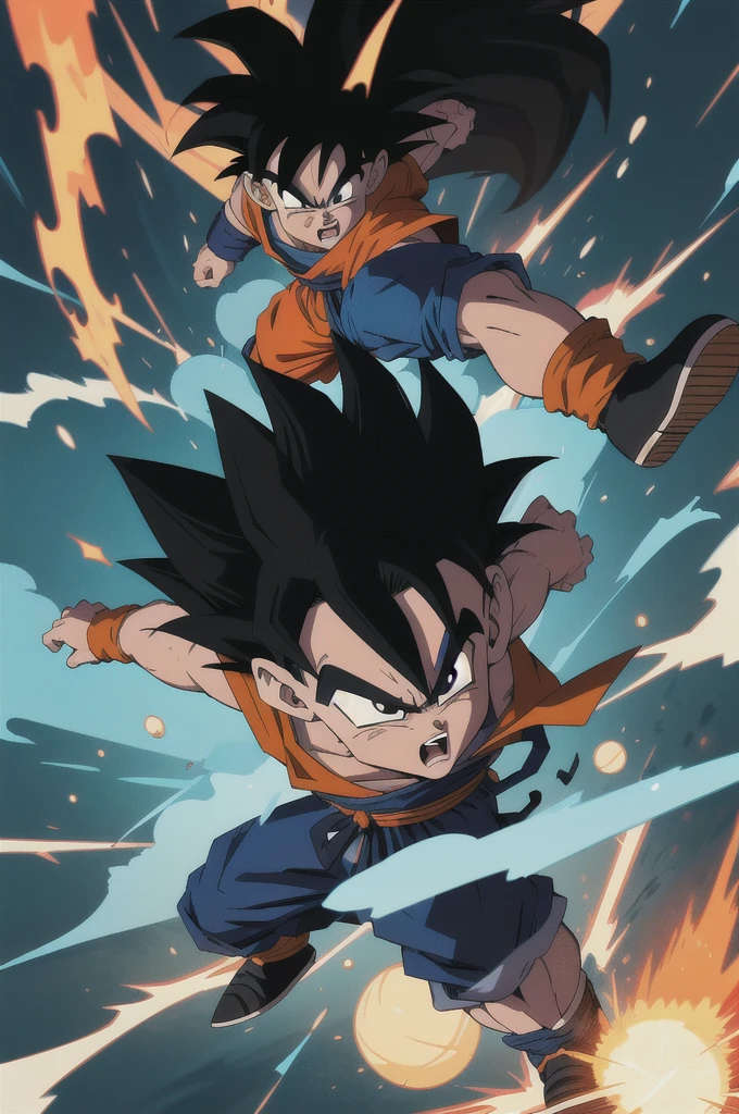 Manga style, illustration, line art style, high quality, manga masterpiece, highres, very detailed, digital illustration, small Kid Goku, Dragonball, black hair, spiked hair, real goku clothes orange color, black belt and black shoes, fire ball, Goku destroying Vegeta in a combat, dougi, 2 male , outdoors,fighting,