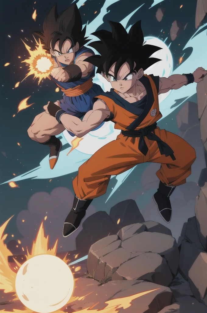 Manga style, illustration, line art style, high quality, manga masterpiece, highres, very detailed, digital illustration, small ??? Goku, Dragonball, black hair, spiked hair, real goku clothes orange color, black belt and black shoes, fire ball, Goku destroying Vegeta in a combat, dougi, 2 male , outdoors,fighting,