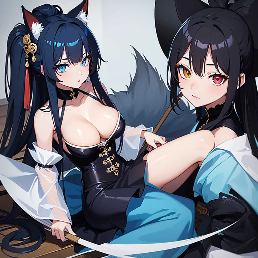 a beautiful blue and black kitsune, detailed portrait, intricate details, sensual, 1girl, long black hair, long black With blue tips tail, heterochromia(one blue eye,one red eye), anime style, lady maid outfit With a broom cleaning a hallway,