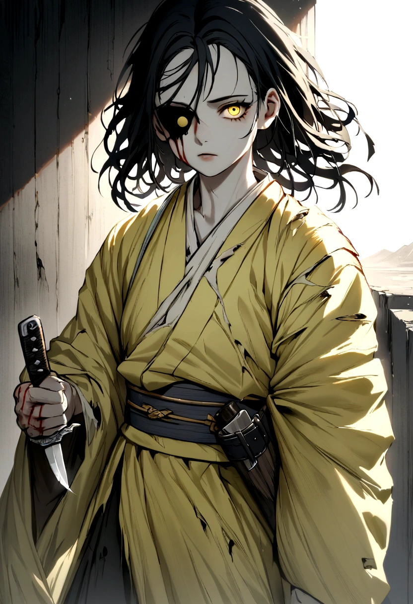 adolescent, Bblack hair, one eye black and the other yellow, kimono all torn and very pale yellow in color, body scratches and bleeding, and holding a knife