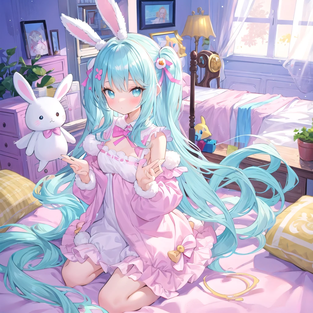 beautiful illustration, best quality, cute girl, bedroom, pastel color, fluffy bunny ears, , silver long hair, rabbit stuffed toy, bright lighting, light cyan eyes, cuerpo muy voluntuoso, senos grandes, trasero grande, caderas anchas, hermosa, tiene cara de una niña.