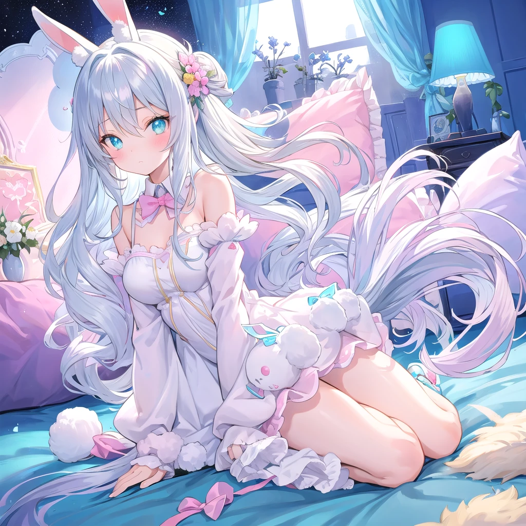 beautiful illustration, best quality, cute girl, bedroom, pastel color, fluffy bunny ears, , silver long hair, rabbit stuffed toy, bright lighting, light cyan eyes, cuerpo muy voluntuoso, senos grandes, trasero grande, caderas anchas, hermosa, tiene cara de una niña.