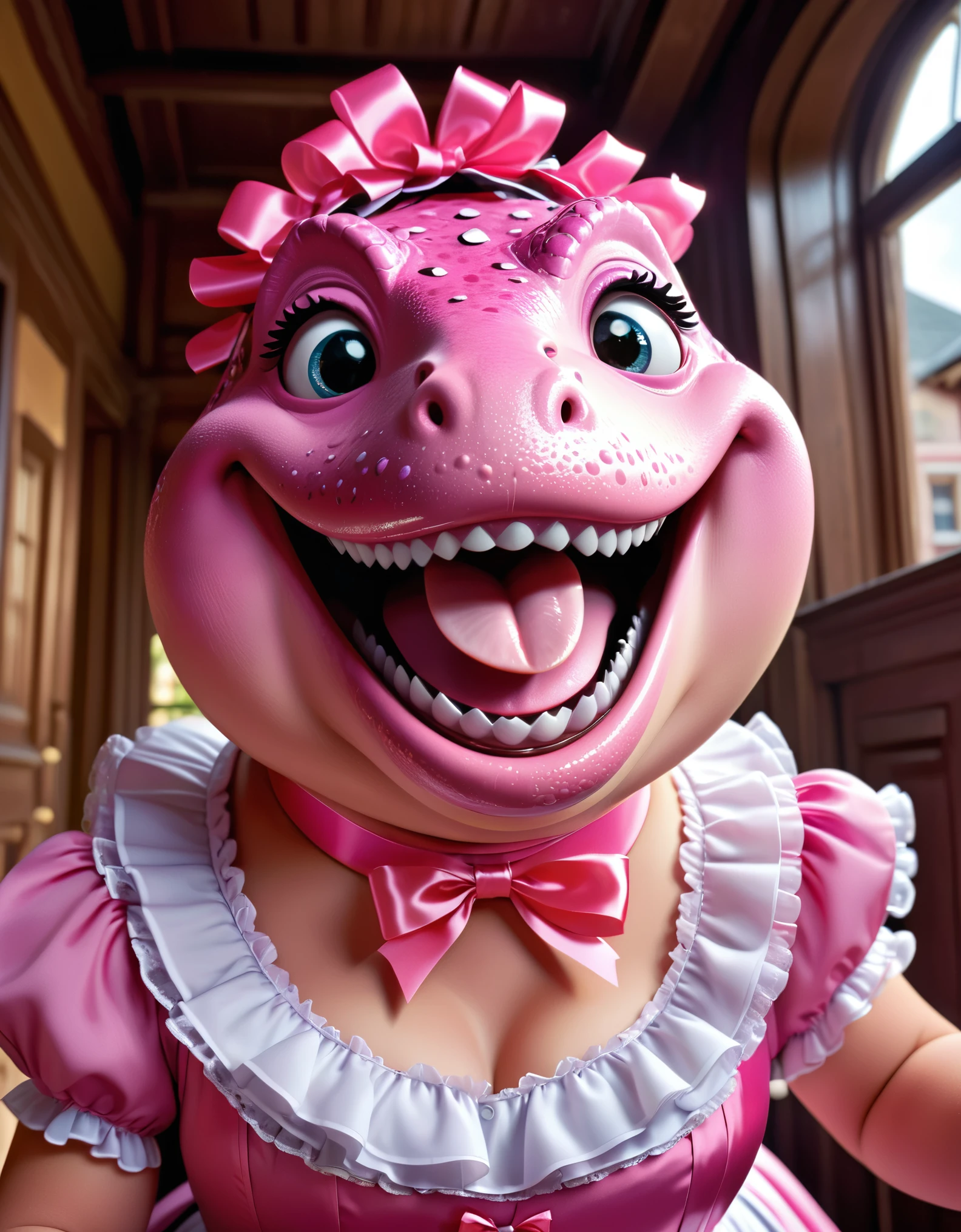 face close up photo of anthropomorphic fat pink dinosaur,(sharp teeth), dressed in maid clothes with frills and ribbons, (sticking out tongue:1.5),(happy smile:1.5),(naughty look), roomlighting, Cinematic, hdr, primitive, Intricate, High quality, smoothing tones, Intricate details, Low contrast,(viewed from above:2.0), (looking up to the side:1.8), old western house background