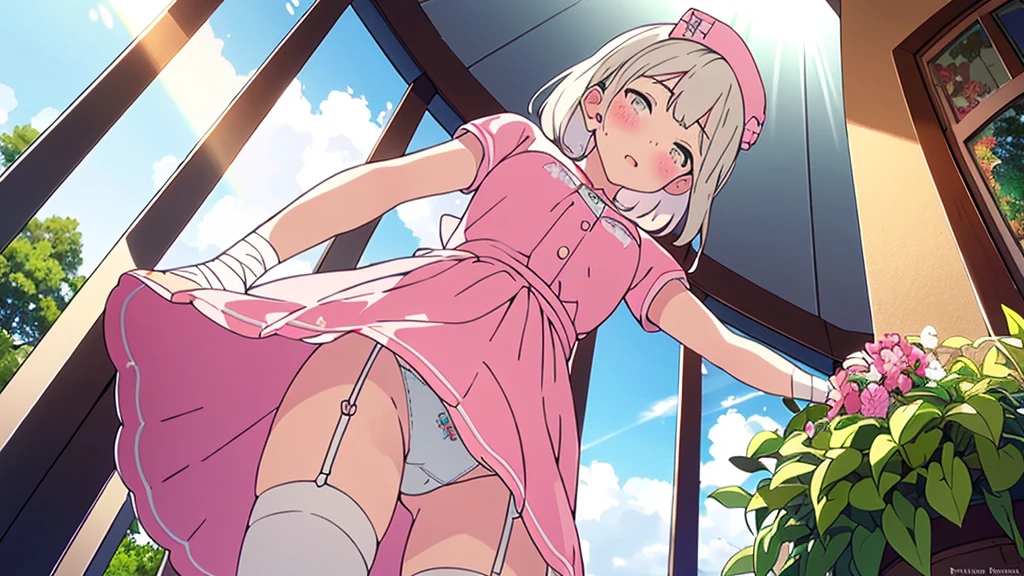 (extremely detailed fine touch:1.2), (natural light, sun light, light rays, dappled light, ray tracing:1.2) , masterpiece, best quality, highly quality ,
sugar_ser0, 1girl, solo,looking at viewer,freckles, (blush:1.3),framed eyewear,
pink dress, puffy short sleeves,
nurse cap,rabbit hair ornament,
bandaged arms,
white thighhighs,garter straps,
garden ,embarrassed,skirt, looking at viewer, underwear, skirt lift, thighs, from below, lifted by self, cowboy shot, standing, white thong