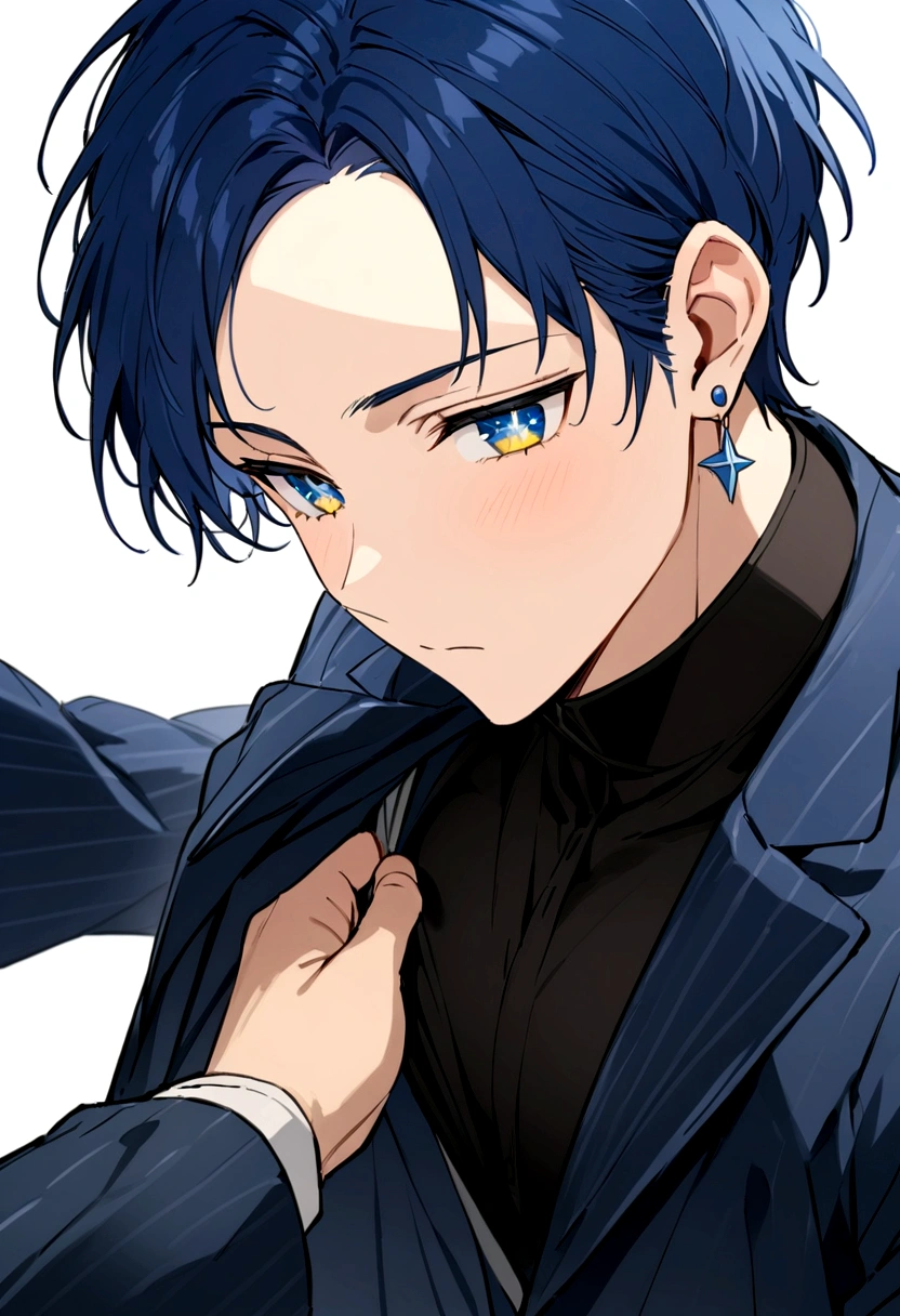 breast enhancement、male、masterpiece、Handsome、uncle、The forehead is visible、30 years old、Blue Hair、Long earrings、Worn suit、Jacket、Give bangs、Showing his forehead、Handsome、Intricately drawn eyes、good looking、Plain white background、Starry Ski、White background