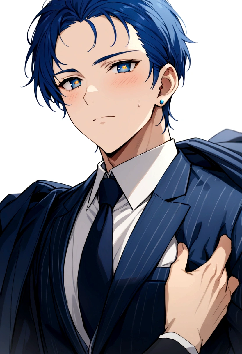 breast enhancement、male、masterpiece、Handsome、uncle、The forehead is visible、30 years old、Blue Hair、Long earrings、Worn suit、Jacket、Give bangs、Showing his forehead、Handsome、Intricately drawn eyes、good looking、Plain white background、Starry Ski、White background