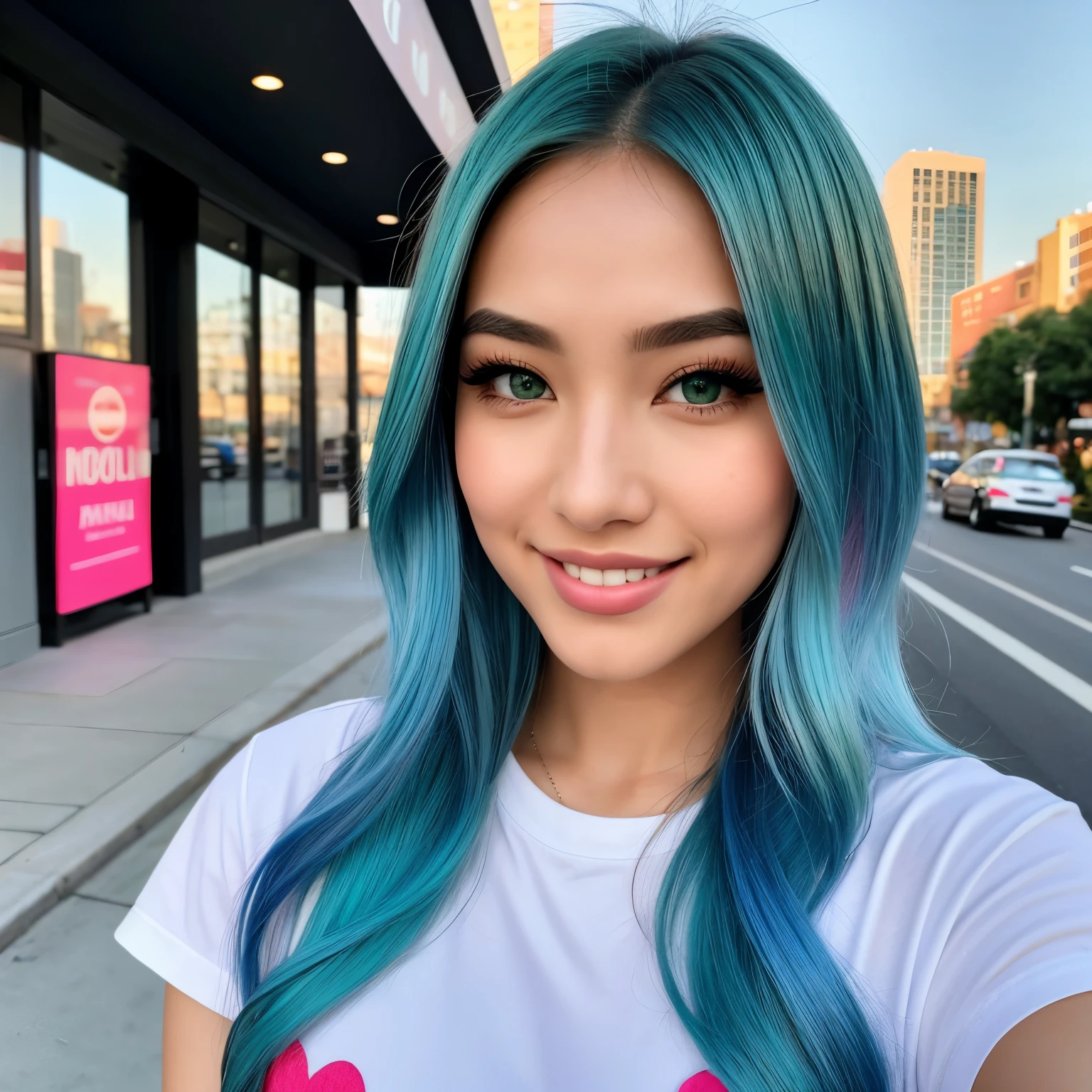 photo of (emikin:0.99), woman as a sexy TikTok influencer, cobalt hair, blue hair , teal hair , long hair, woman with Asian features, 24-year-old (green-eyed woman), green eyes, She has a small elegant nose with a slight upward curve at the tip. Her lips are full and naturally pink with a well-defined Cupid's bow. Her teeth are straight and white enhancing her captivating smile. Her face has an oval shape with high cheekbones that add to her model-like appearance. full body, 8k, sexy, walking on the sidewalk, cars in the background, wearing a mini skirt, mini top, fashion clothes, night, arms down, hands do not appear in the photo, near the wall, some people in the background