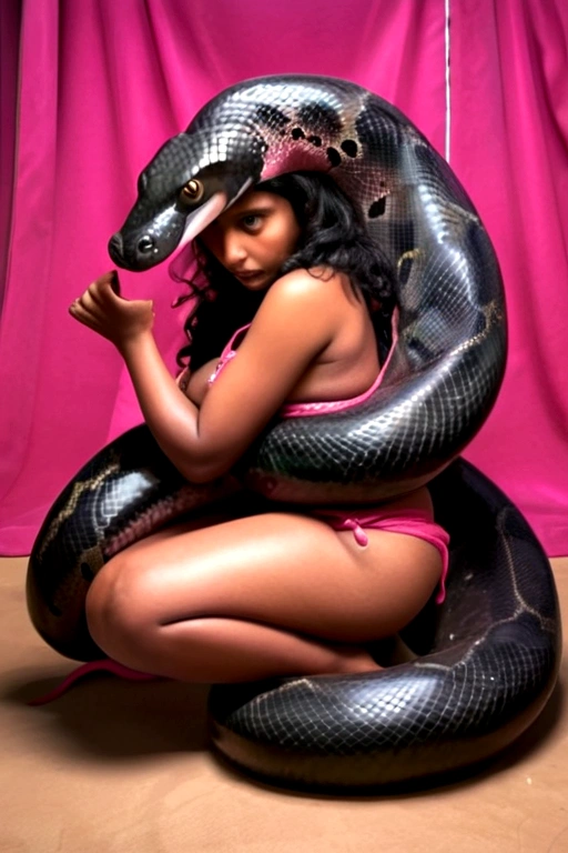 Topless Pink g-string Happy Horny, aroused 1girl), beautiful kneeling indian young girl with giant colossal black anaconda monster squeezing her hard, wrapped in thick spiraling coils, constricted, struggle, gasping for air, snake attack, snake peril, moonless night, dim light