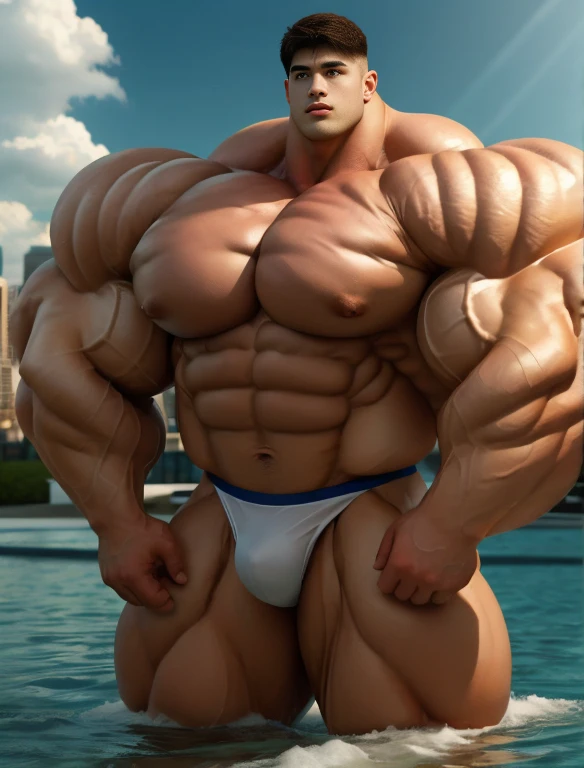 1boy, giant, alone, giant bodybuilder, illuminating light, strong body, bulk, large size, standing, with panoramic background, outdoor, , white triangular underwear, thick bulge, scratch his bulge, extraordinary big, brutalmass, giant muscular body, bulk, buff, massive body, large meaty body size, extremely wide body