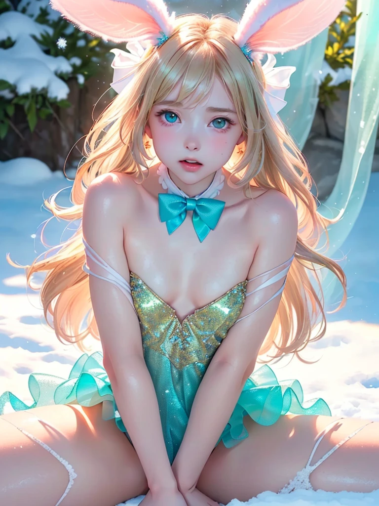 masterpiece, best quality, extremely detailed CG unity 8k wallpaper,((Upper Body)) ,((Upper Body head close-up shot of a beautiful )), , Elegant Long straight blonde hair, (Mckenna Grace), ((flat chest,thighs,Autoluminescence skin)),Transparent (pink-green) golden (Glittering tutu,long Bunny Ear Headgear, , Bow-tie, No panties, genitals visible), ((sitting,spread legs)),(), (Blush), , (), (A world of ice and snow), pretty face, key art, award winning, intricate detail realism hdr, by (ruan jia and artgerm and range murata), Photorealism, Hyperrealism, ultra realistic, dramatic light, intense shadows, gorgeous view, depth of field