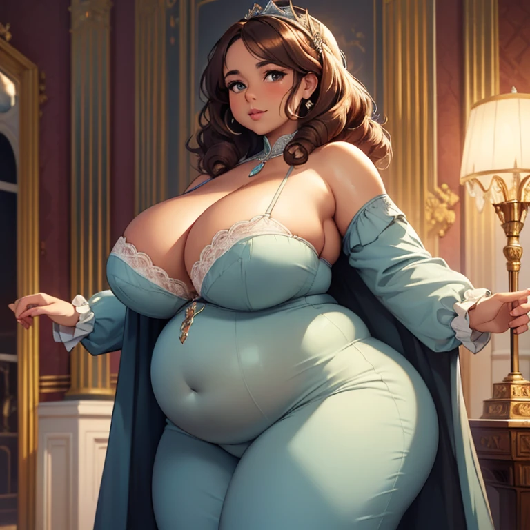(Best quality), (detailed), (high res, 4k), chubby queen lady, , queen, brown curly hair, tan skin, big booty, wide hips, ((1800s)), ((royal)), ((19th century britain)), gigantic belly, taking off cleavage, showing tits, taking off bra