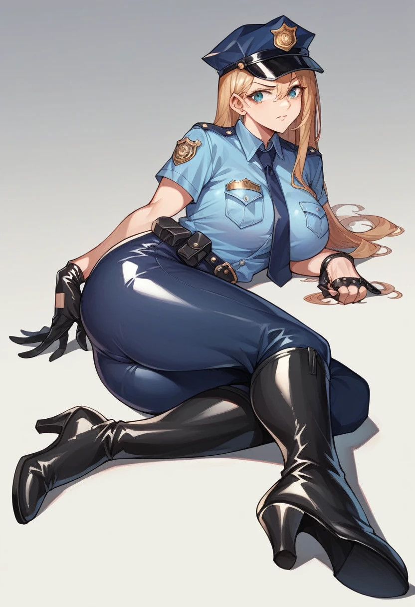 There is a woman in a police uniform, official, police official, (Yoshida Yuuko), sad police, Attire: cop, redhead woman, yoshida yuuko wearing a police uniform, high resolution commission, sheriff woman, Lois van Baarle y Rossdraws, bottomless, leotard blue, bare legs, sitting on a chair, (((his hands are behind his body)),((The whole body is tightly bound.)) in jail,