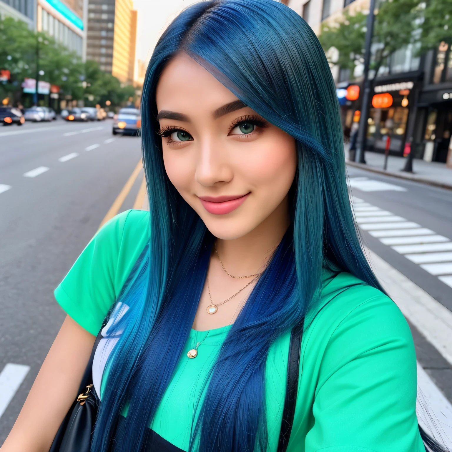 photo of (emikin:0.99), woman as a sexy TikTok influencer, cobalt hair, blue hair , teal hair , long hair, woman with Asian features, 24-year-old (green-eyed woman), green eyes,  She has a small elegant nose with a slight upward curve at the tip. Her lips are full and naturally pink with a well-defined Cupid's bow. Her teeth are straight and white enhancing her captivating smile. Her face has an oval shape with high cheekbones that add to her model-like appearance. full body, 8k, sexy, walking on the sidewalk, cars in the background, wearing a mini skirt, mini top, fashion clothes, night, arms down, hands do not appear in the photo, near the wall, some people in the background