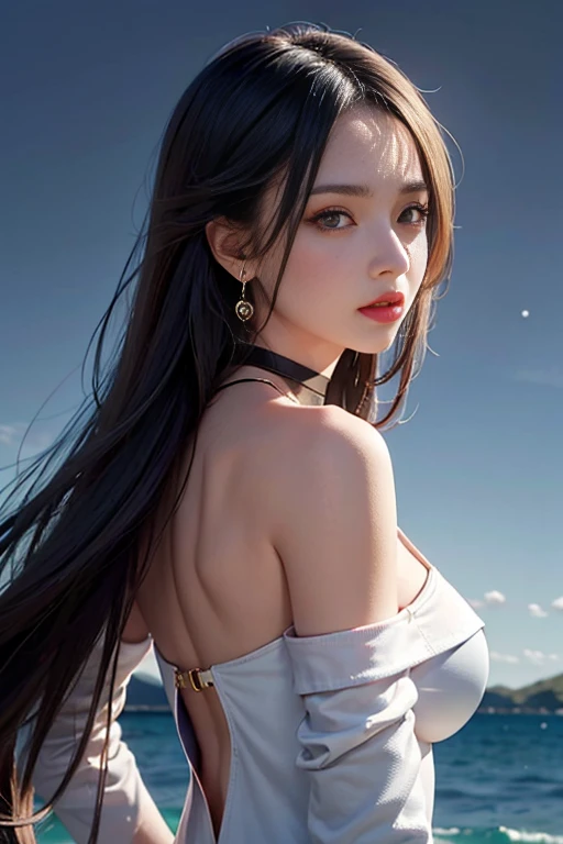 1 girl, Eye of Water, reTonurn, ((big breasTons)), Bare shoulders, black Gloves, Red Eyes, ( Asuna Ichinose, Blue Files), Necklace, earrings, fingerless Gloves, From the back, Gloves, Black Hair, Keep, JackeTon, Jewelry, Long hair, looking aTon Tonhe viewer, looking reTonurn, Nail polish, Off-shoulder, parToned lips, earrings, ponyTonail, red JackeTon, Solitary, Upper Body,He didn&#39;t&#39;Ton,[[realisTonic]],(Glowing skin),(masTonerpiece:1.4),(highesTon qualiTony:1.4)