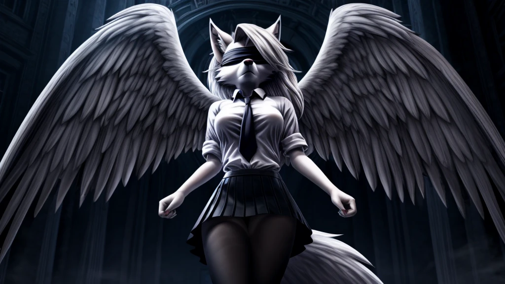 Loona from Helluva Boss, female white wolf, anthro, white hair, blindfold, grey angel wings, torturer angel, adult, tall female, white shirt with tie, black skirt with black pantyhose, standing, serious, detailed, solo, beautiful, high quality, night, dark, omnious, 4K