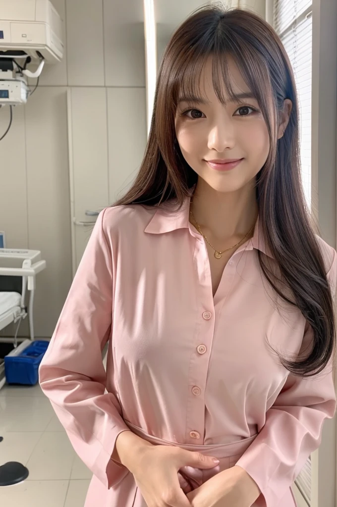 Hospital room, nurse, ((full body)), ((photo)), ((best qualtiy, 8K, tmasterpiece: 1.3)), Focus: 1.2, perfect figure beautiful girl: 1.4, 1girl, cowboy shot, look at viewer, eyes facing the camera, incredibly absurd, beautiful and cute girl with a photorealistic face, showcasing top-quality craftsmanship, Japanese woman taking care of patients in a hospital room, 23 years old, long hair parted in the middle, long layered bangs, silky hair quality, thick and voluminous style, beautiful features, amber eyes, long eyelashes, thin eyebrows, beautiful bridge of the nose, small nose, plump and elegant pink lips, fair skin, high cheekbones, cute smile, clean jawline, beautiful nape, long neck, 163cm height, long limbs, delicate, slender, well-balanced proportions, beautiful C-cup breasts, pink blouse and pink pants nurse uniform, nurse shoes, gold ring and necklace, beautiful, neat, refined, elegant, soothing, pretty older sister, long legs, kind, strong-willed, passionate, proactive, hardworking, gains the trust of those around her, October